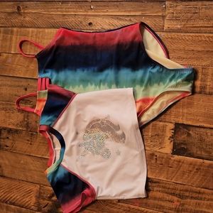 Cat & Jack Rainbow Swimsuit with cover shirt. Girl's Size 7.